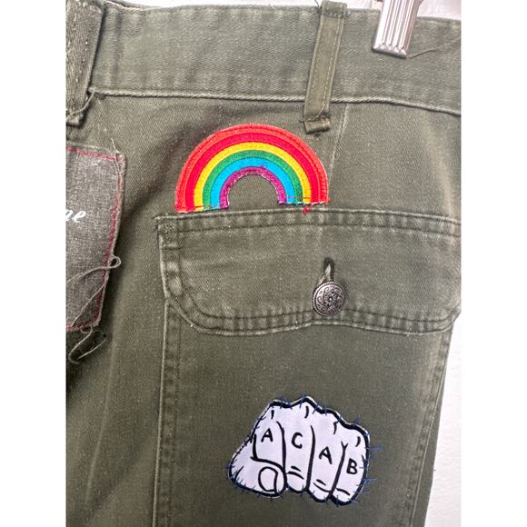 Linne by Gunda Japanese Denim Army Green Midi Skirt Embellished Mickey Women 30" - Picture 7 of 11